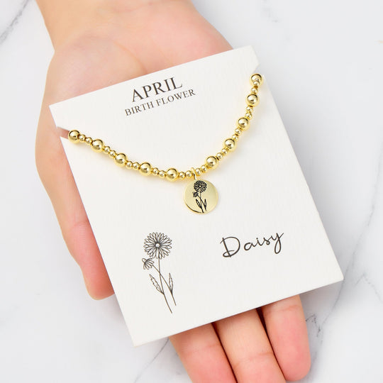 18k Gold Plated April Birth Flower Daisy Beaded Stretch Bracelet with Card