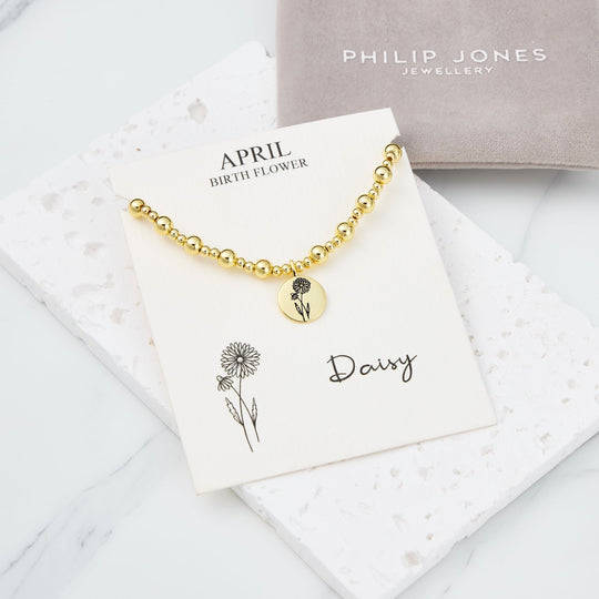 18k Gold Plated April Birth Flower Daisy Beaded Stretch Bracelet with Card