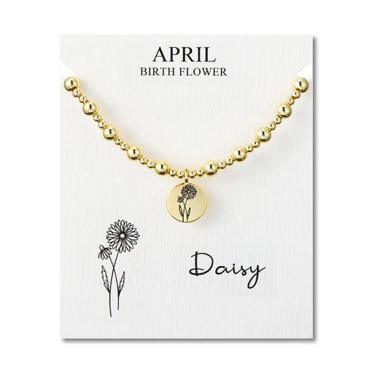 18k Gold Plated April Birth Flower Daisy Beaded Stretch Bracelet with Card - Philip Jones