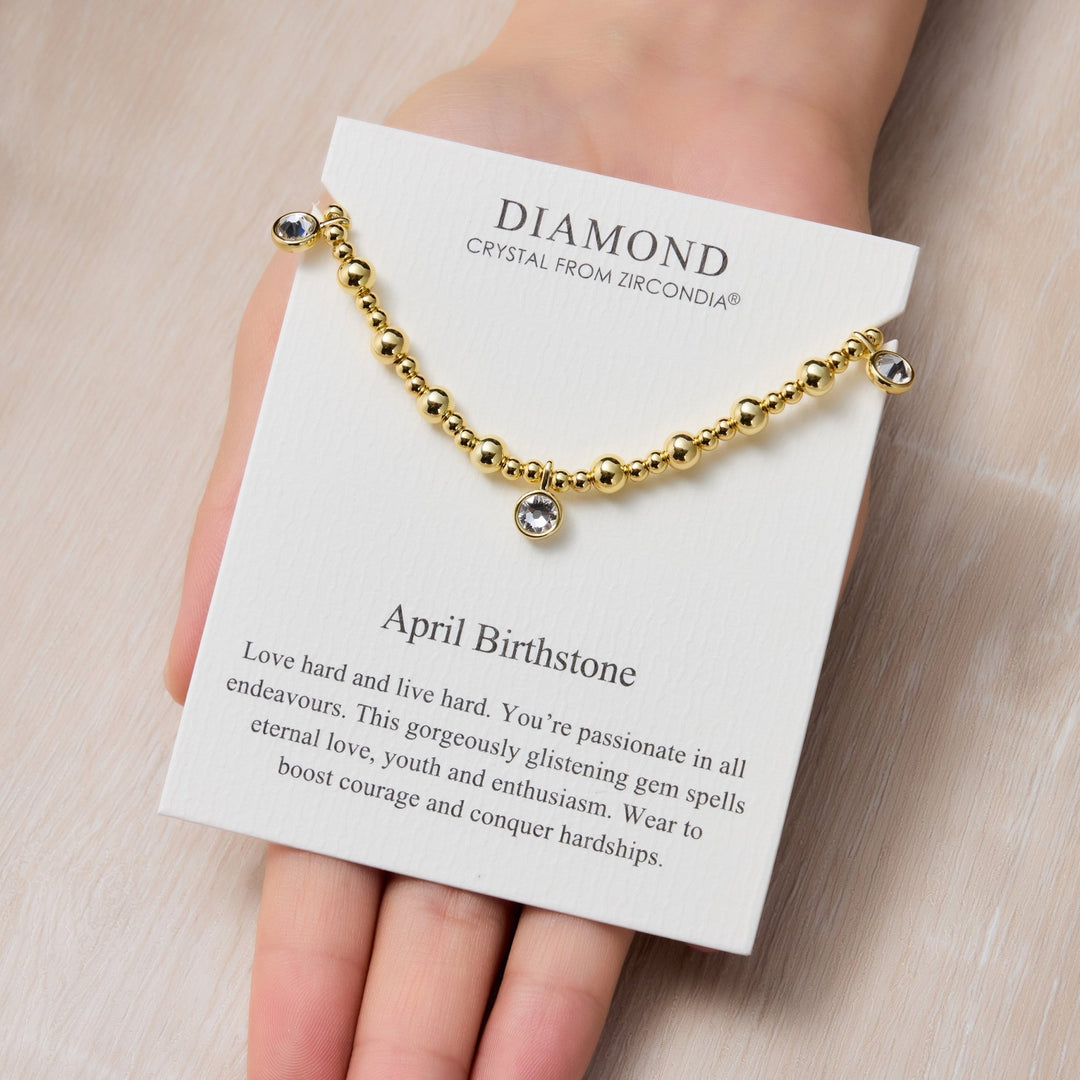 18k Gold Plated April (Diamond) Birthstone Stretch Charm Bracelet with Quote Card - Philip Jones Jewellery