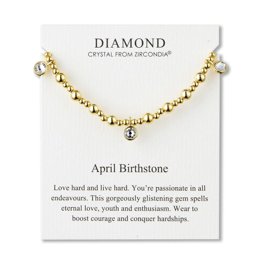 18k Gold Plated April (Diamond) Birthstone Stretch Charm Bracelet with Quote Card - Philip Jones Jewellery