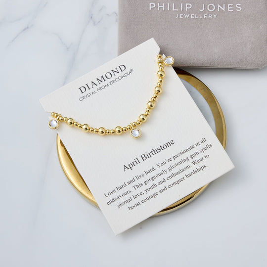 18k Gold Plated April (Diamond) Birthstone Stretch Charm Bracelet with Quote Card - Philip Jones Jewellery