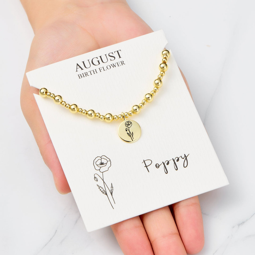 18k Gold Plated August Birth Flower Poppy Beaded Stretch Bracelet with Card