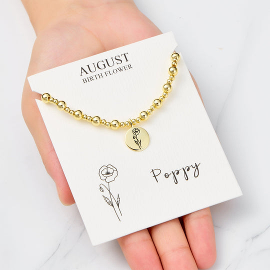 18k Gold Plated August Birth Flower Poppy Beaded Stretch Bracelet with Card