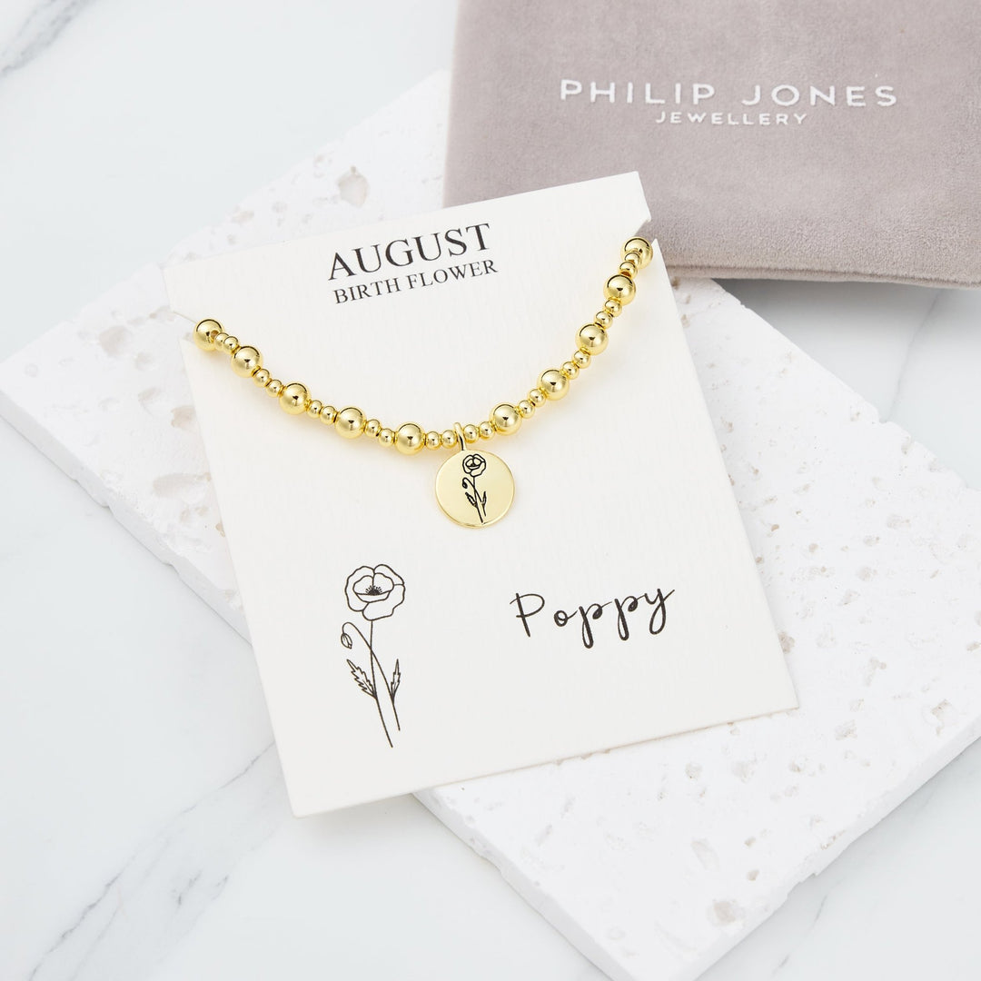 18k Gold Plated August Birth Flower Poppy Beaded Stretch Bracelet with Card