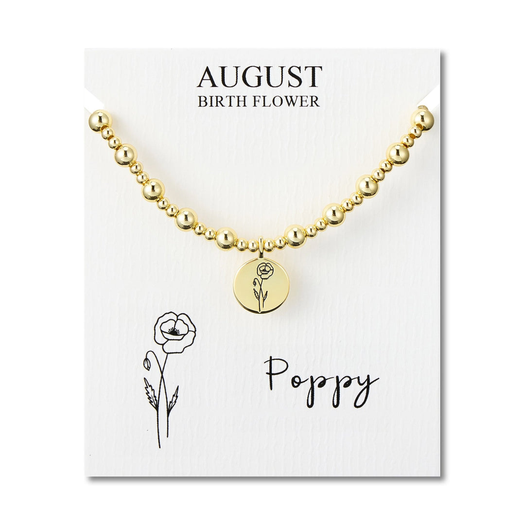 18k Gold Plated August Birth Flower Poppy Beaded Stretch Bracelet with Card - Philip Jones