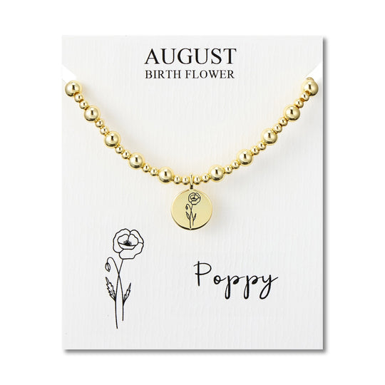 18k Gold Plated August Birth Flower Poppy Beaded Stretch Bracelet with Card - Philip Jones