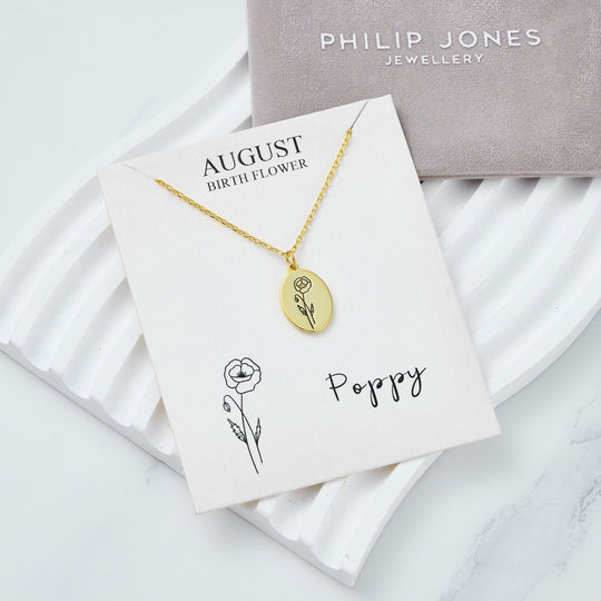 18k Gold Plated August Birth Flower Poppy Necklace with Card