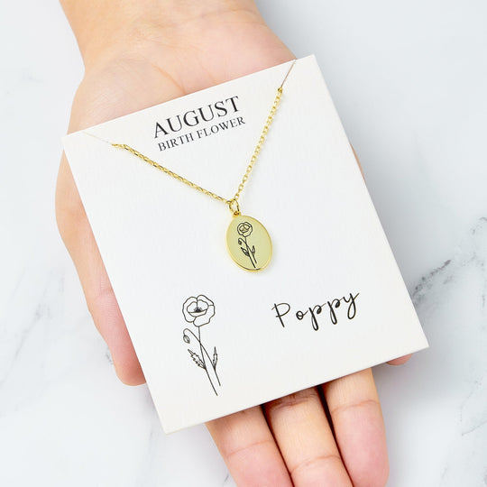 18k Gold Plated August Birth Flower Poppy Necklace with Card