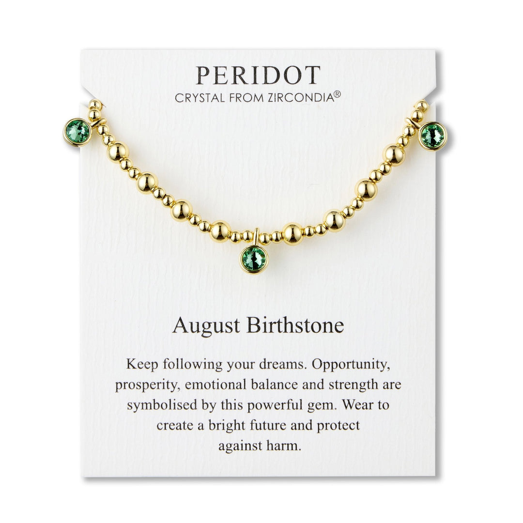 18k Gold Plated August (Peridot) Birthstone Stretch Charm Bracelet with Quote Card - Philip Jones Jewellery