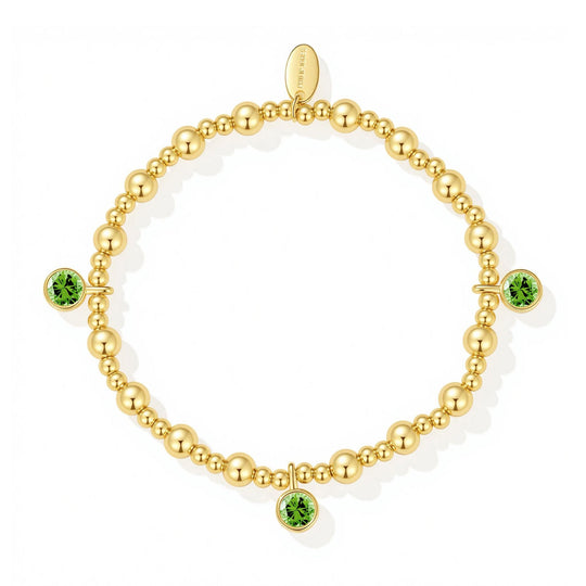 18k Gold Plated August (Peridot) Birthstone Stretch Charm Bracelet with Quote Card - Philip Jones Jewellery