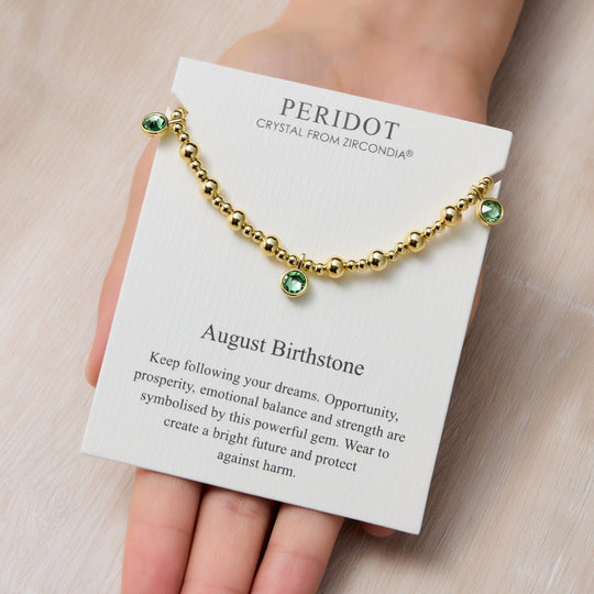 18k Gold Plated August (Peridot) Birthstone Stretch Charm Bracelet with Quote Card - Philip Jones Jewellery