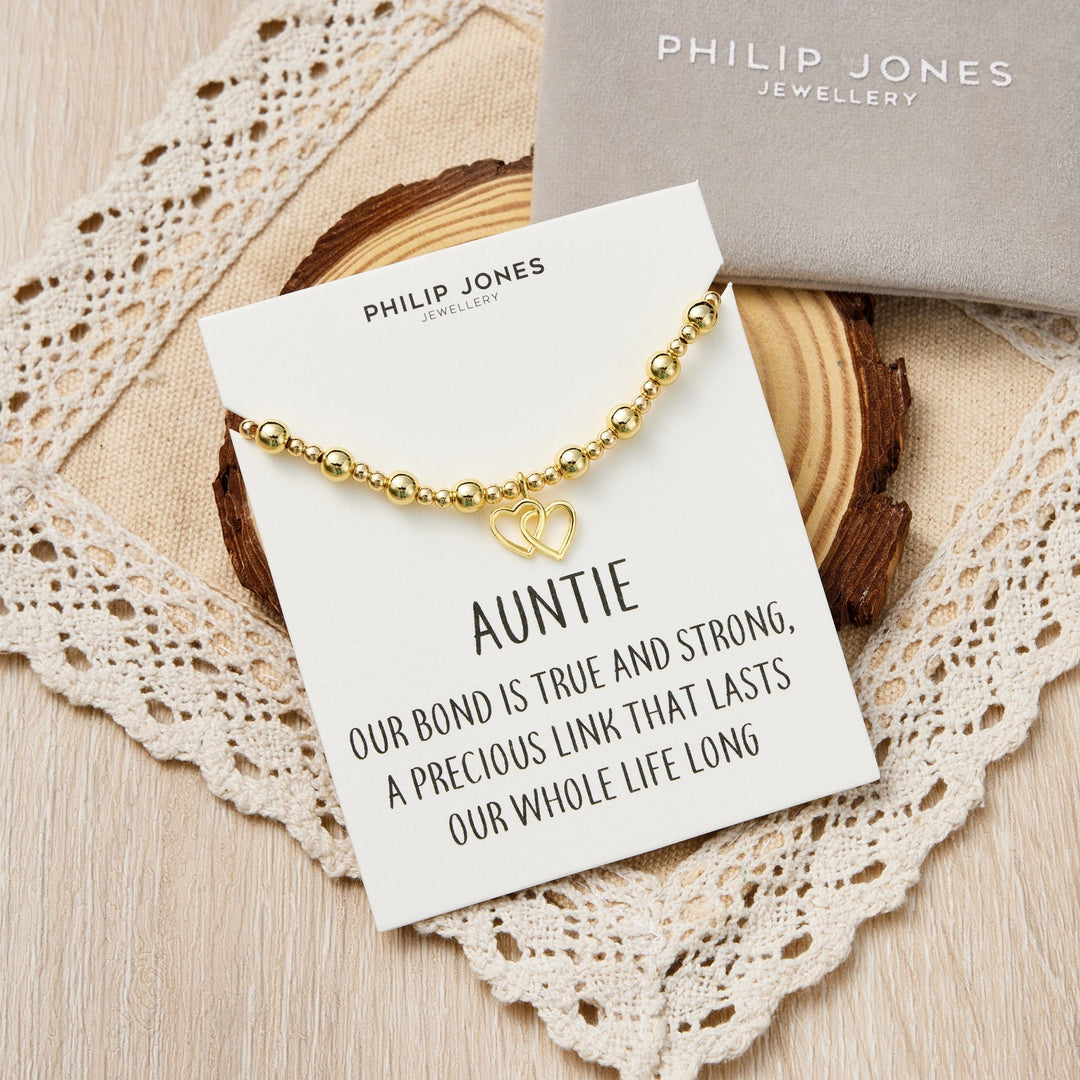 18k Gold Plated Auntie Heart Link Beaded Stretch Bracelet with Quote Card