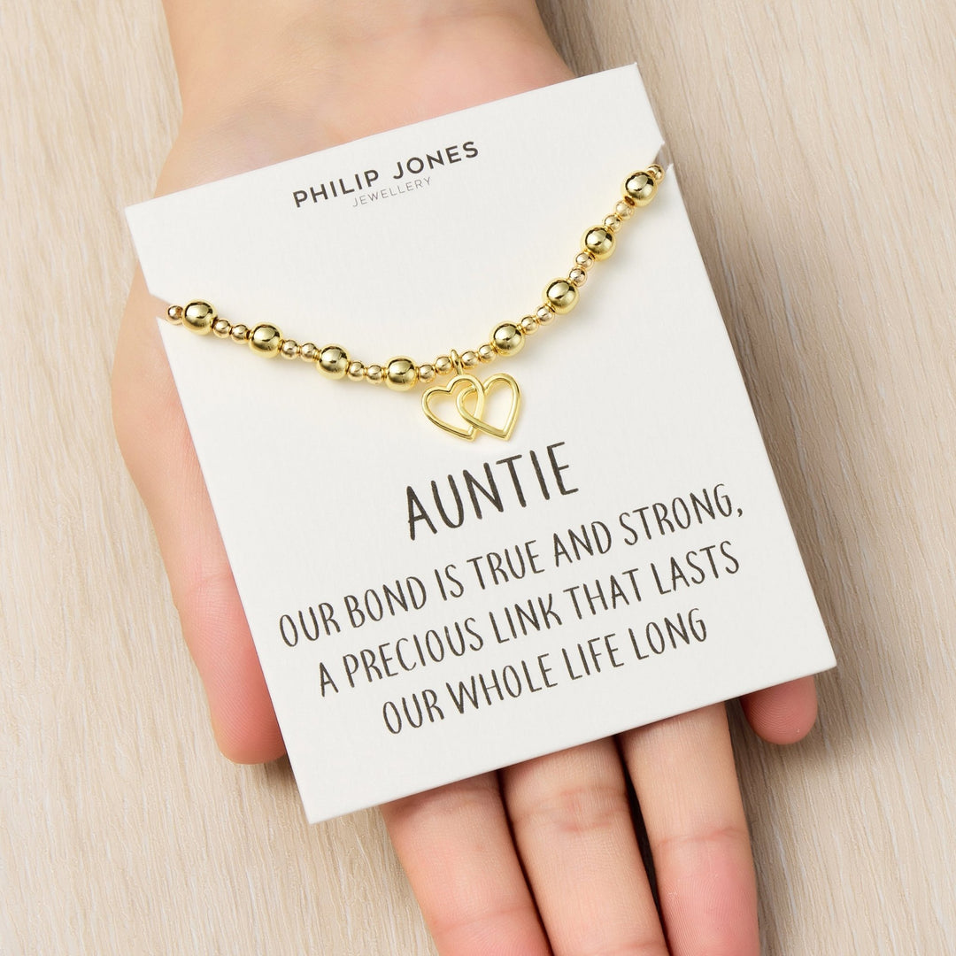 18k Gold Plated Auntie Heart Link Beaded Stretch Bracelet with Quote Card