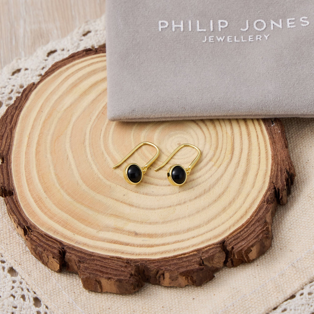 18k Gold Plated Black Onyx Drop Earrings - Philip Jones Jewellery