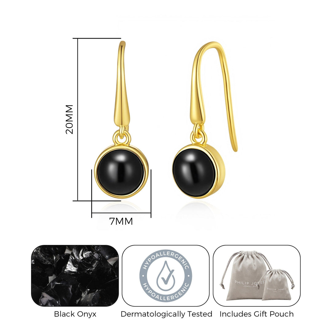 18k Gold Plated Black Onyx Drop Earrings - Philip Jones Jewellery