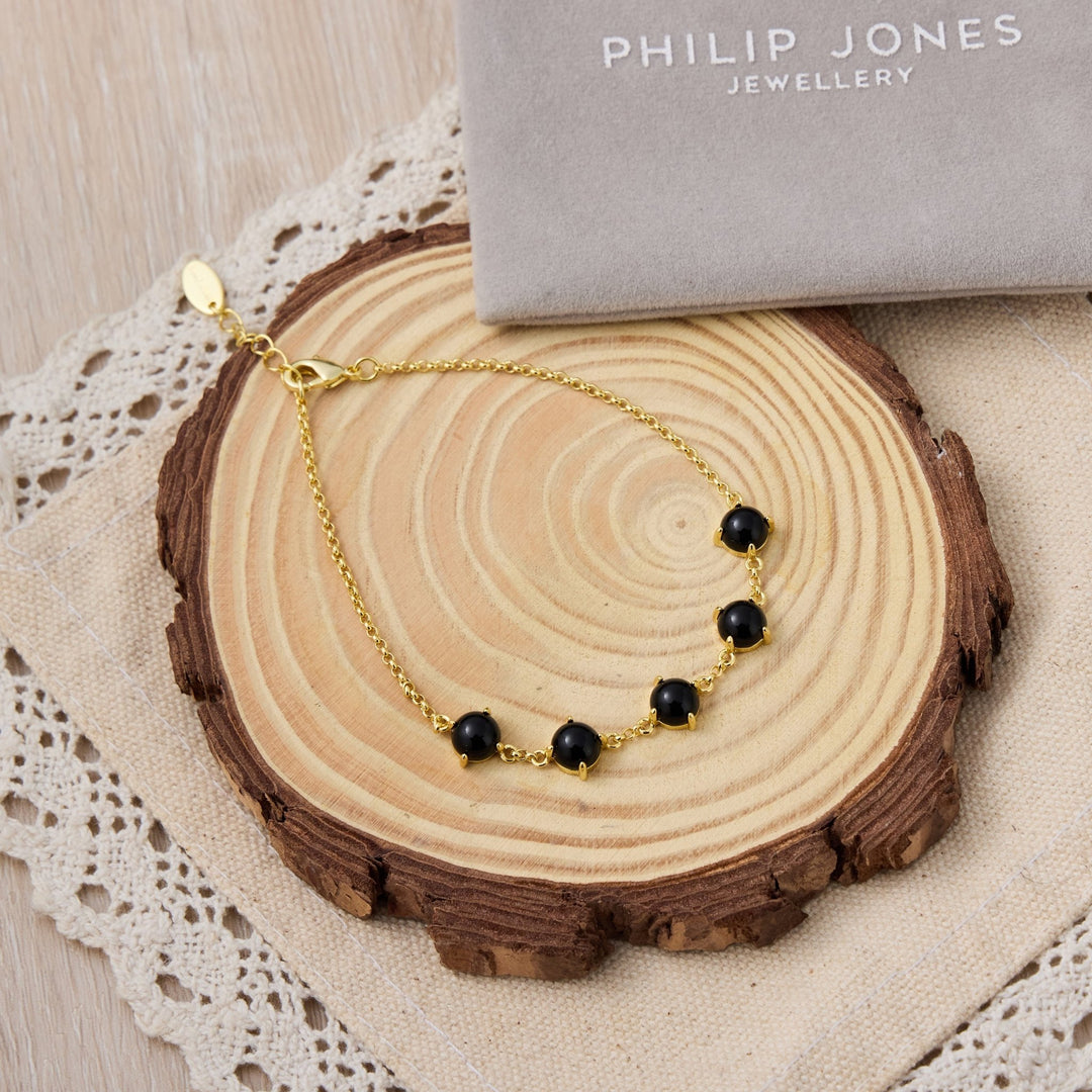 18k Gold Plated Black Onyx Gemstone Bracelet - Philip Jones Jewellery