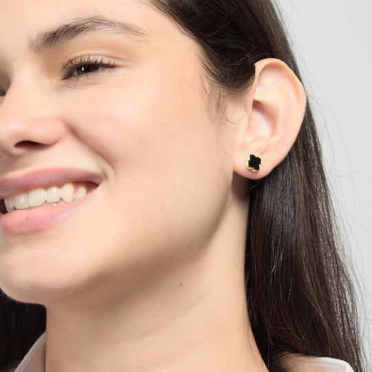 18k Gold Plated Black Onyx Gemstone Clover Earrings