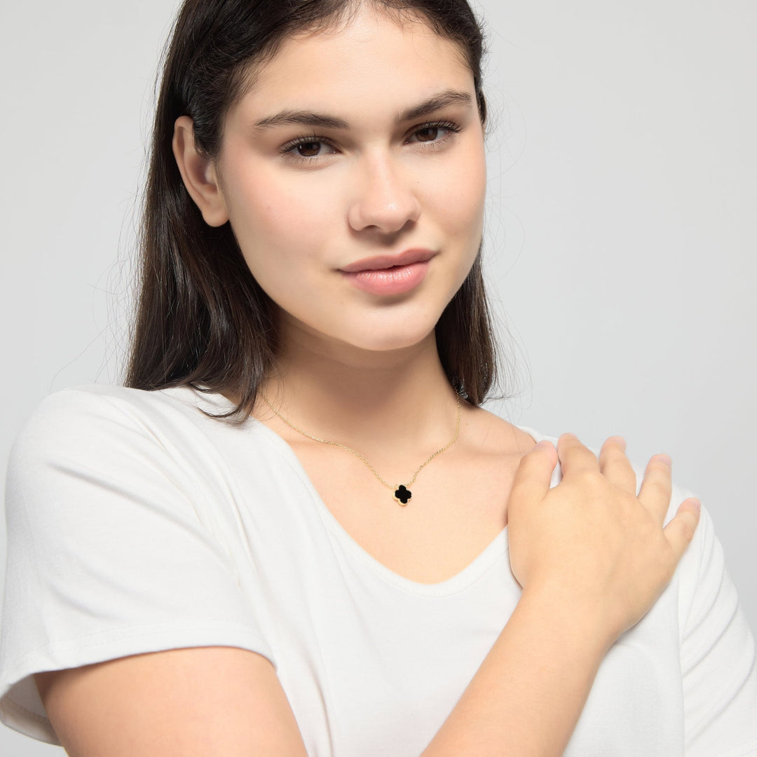 18k Gold Plated Black Onyx Gemstone Clover Necklace