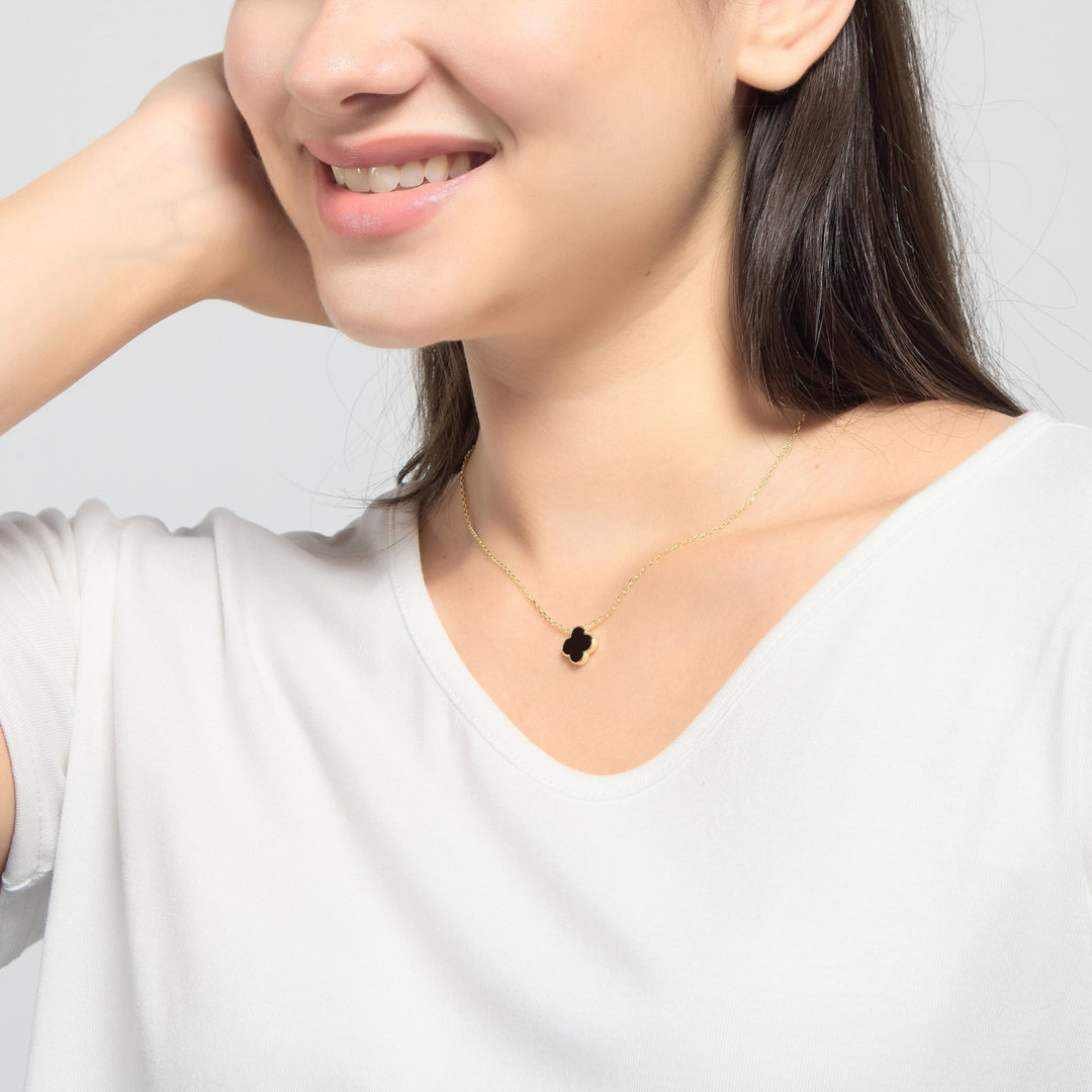 18k Gold Plated Black Onyx Gemstone Clover Necklace