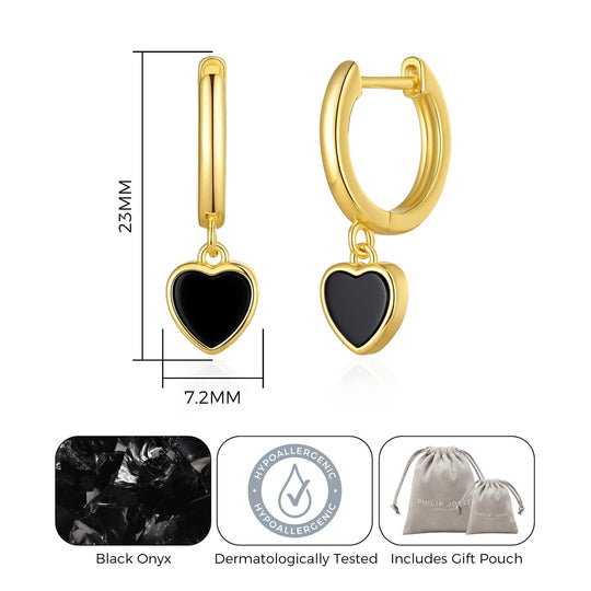 18k Gold Plated Black Onyx Gemstone Heart Charm Hoop Earrings - Philip Jones Jewellery