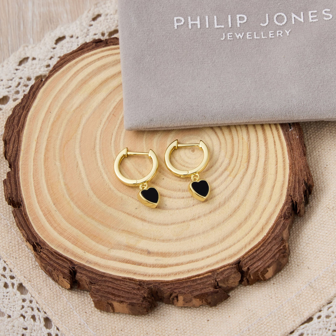 18k Gold Plated Black Onyx Gemstone Heart Charm Hoop Earrings - Philip Jones Jewellery