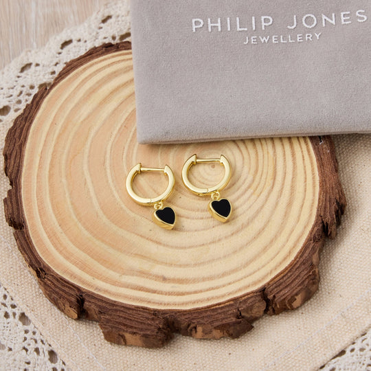 18k Gold Plated Black Onyx Gemstone Heart Charm Hoop Earrings - Philip Jones Jewellery