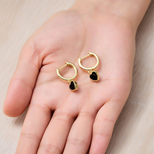 18k Gold Plated Black Onyx Gemstone Heart Charm Hoop Earrings - Philip Jones Jewellery
