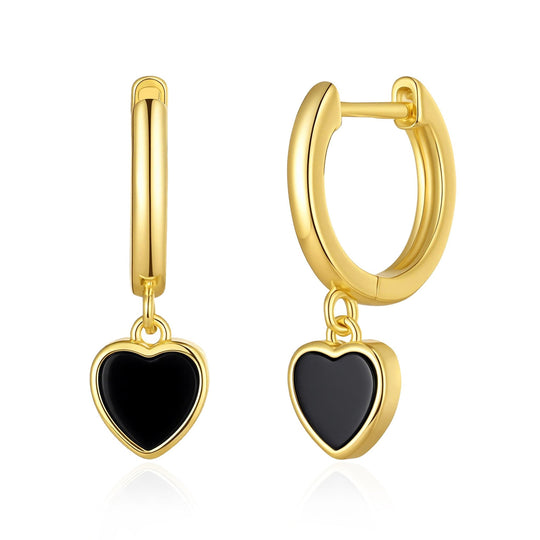 18k Gold Plated Black Onyx Gemstone Heart Charm Hoop Earrings - Philip Jones Jewellery