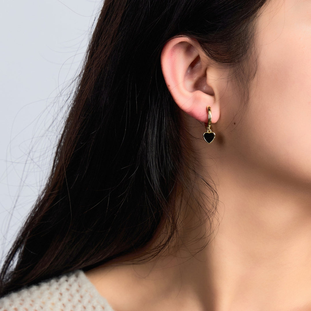 18k Gold Plated Black Onyx Gemstone Heart Charm Hoop Earrings - Philip Jones Jewellery