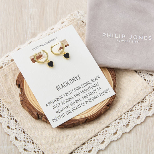 18k Gold Plated Black Onyx Gemstone Heart Charm Hoop Earrings with Quote Card - Philip Jones Jewellery