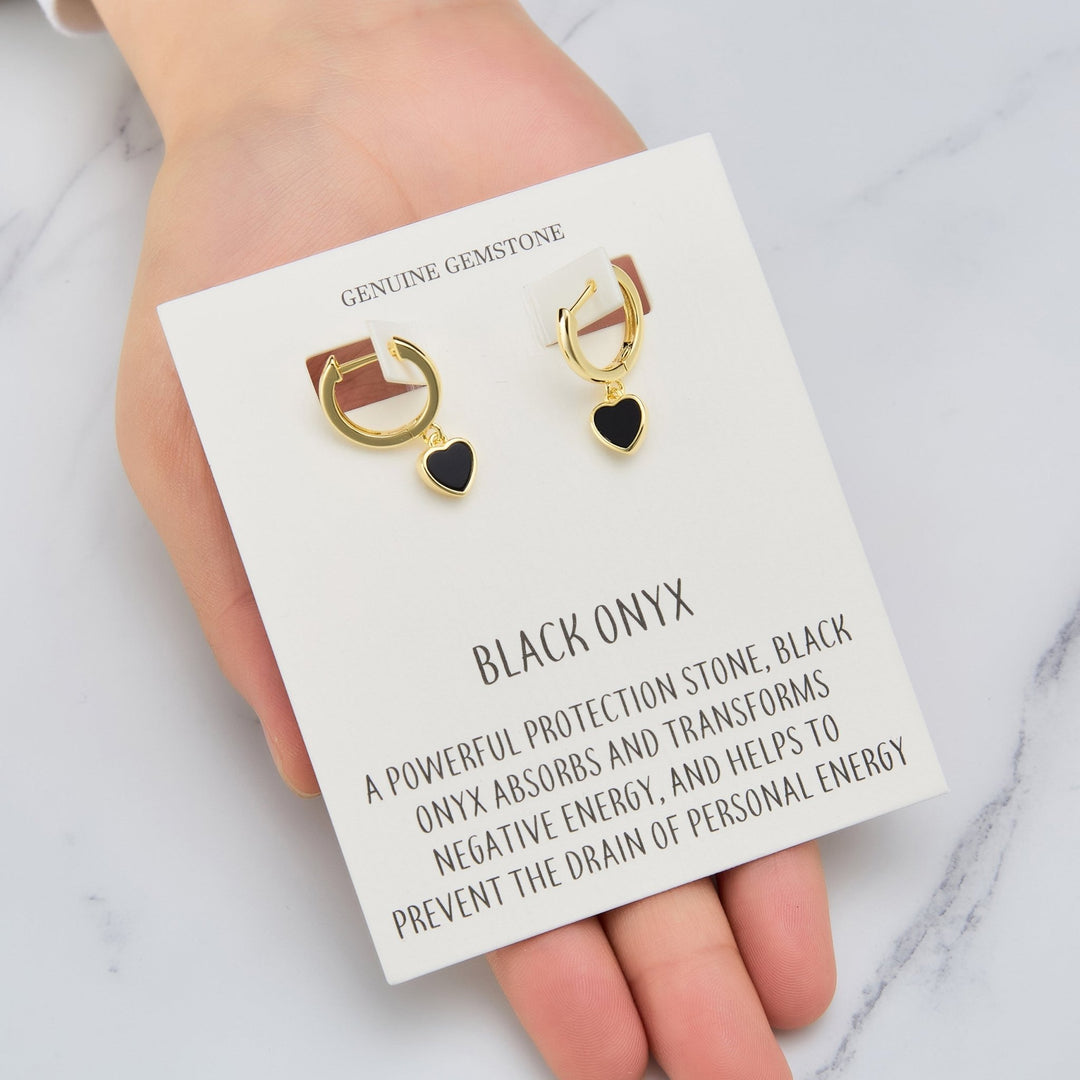 18k Gold Plated Black Onyx Gemstone Heart Charm Hoop Earrings with Quote Card - Philip Jones Jewellery