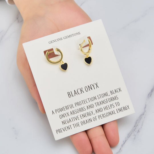 18k Gold Plated Black Onyx Gemstone Heart Charm Hoop Earrings with Quote Card - Philip Jones Jewellery