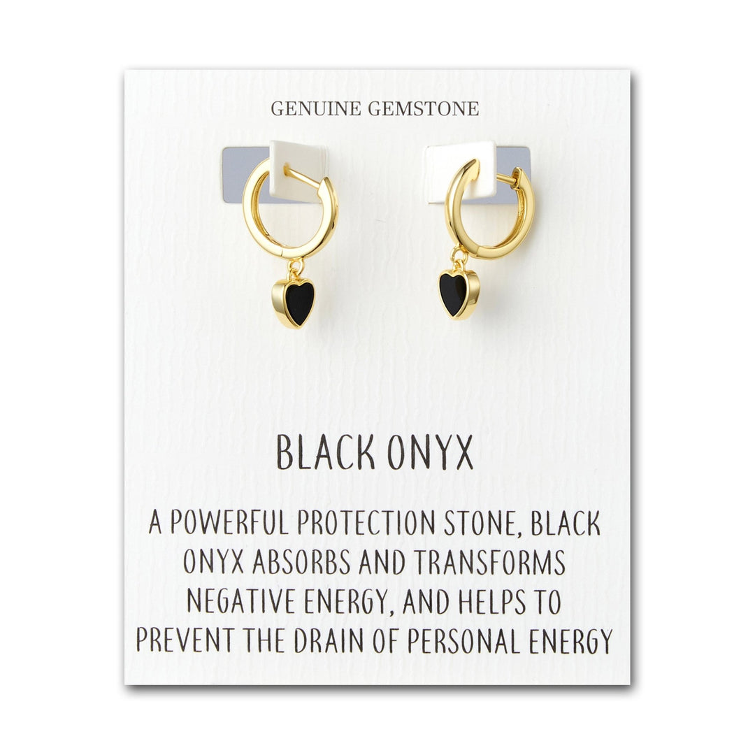 18k Gold Plated Black Onyx Gemstone Heart Charm Hoop Earrings with Quote Card - Philip Jones Jewellery