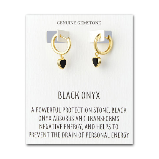 18k Gold Plated Black Onyx Gemstone Heart Charm Hoop Earrings with Quote Card - Philip Jones Jewellery