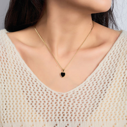 18k Gold Plated Black Onyx Gemstone Heart Necklace - Philip Jones Jewellery