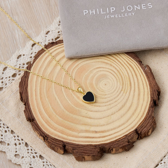 18k Gold Plated Black Onyx Gemstone Heart Necklace - Philip Jones Jewellery