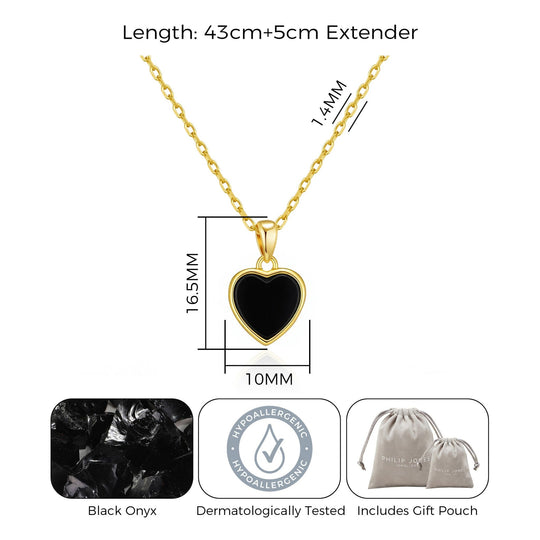 18k Gold Plated Black Onyx Gemstone Heart Necklace - Philip Jones Jewellery