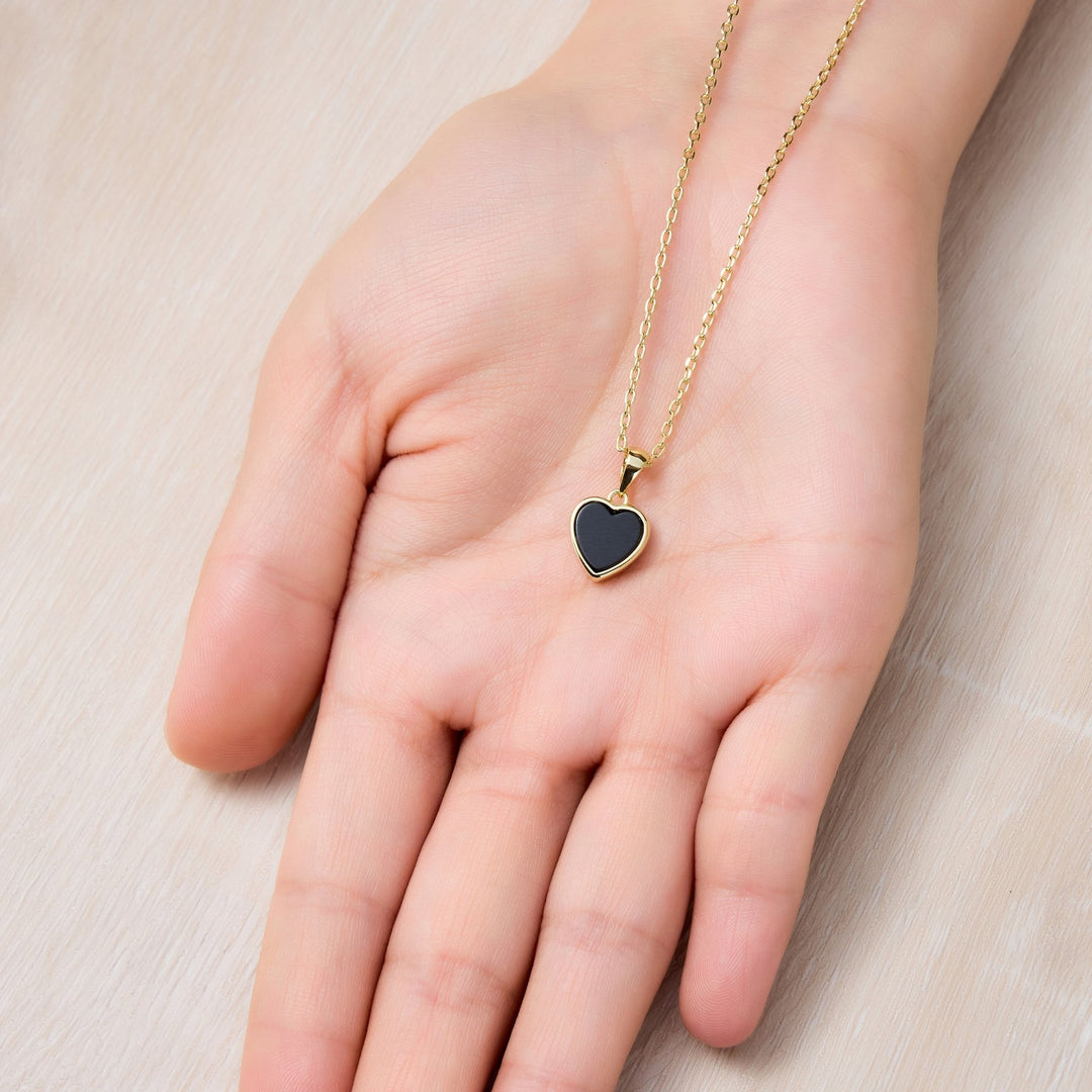 18k Gold Plated Black Onyx Gemstone Heart Necklace - Philip Jones Jewellery