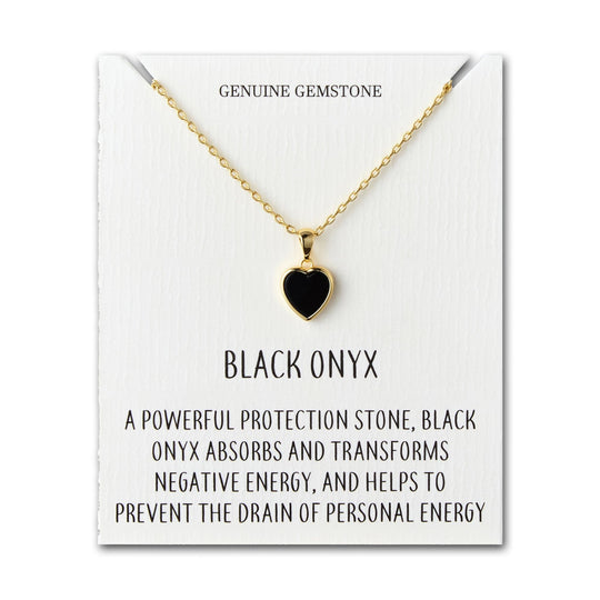 18k Gold Plated Black Onyx Gemstone Heart Necklace with Quote Card - Philip Jones Jewellery