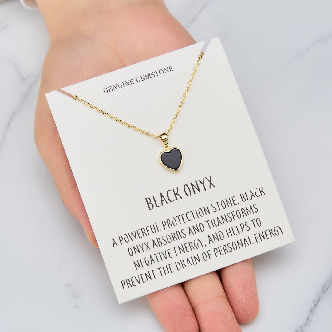 18k Gold Plated Black Onyx Gemstone Heart Necklace with Quote Card - Philip Jones Jewellery