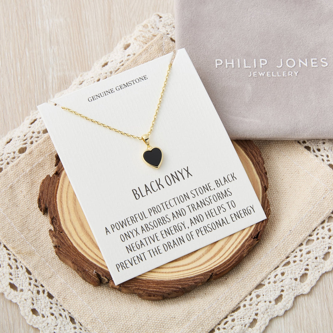 18k Gold Plated Black Onyx Gemstone Heart Necklace with Quote Card - Philip Jones Jewellery