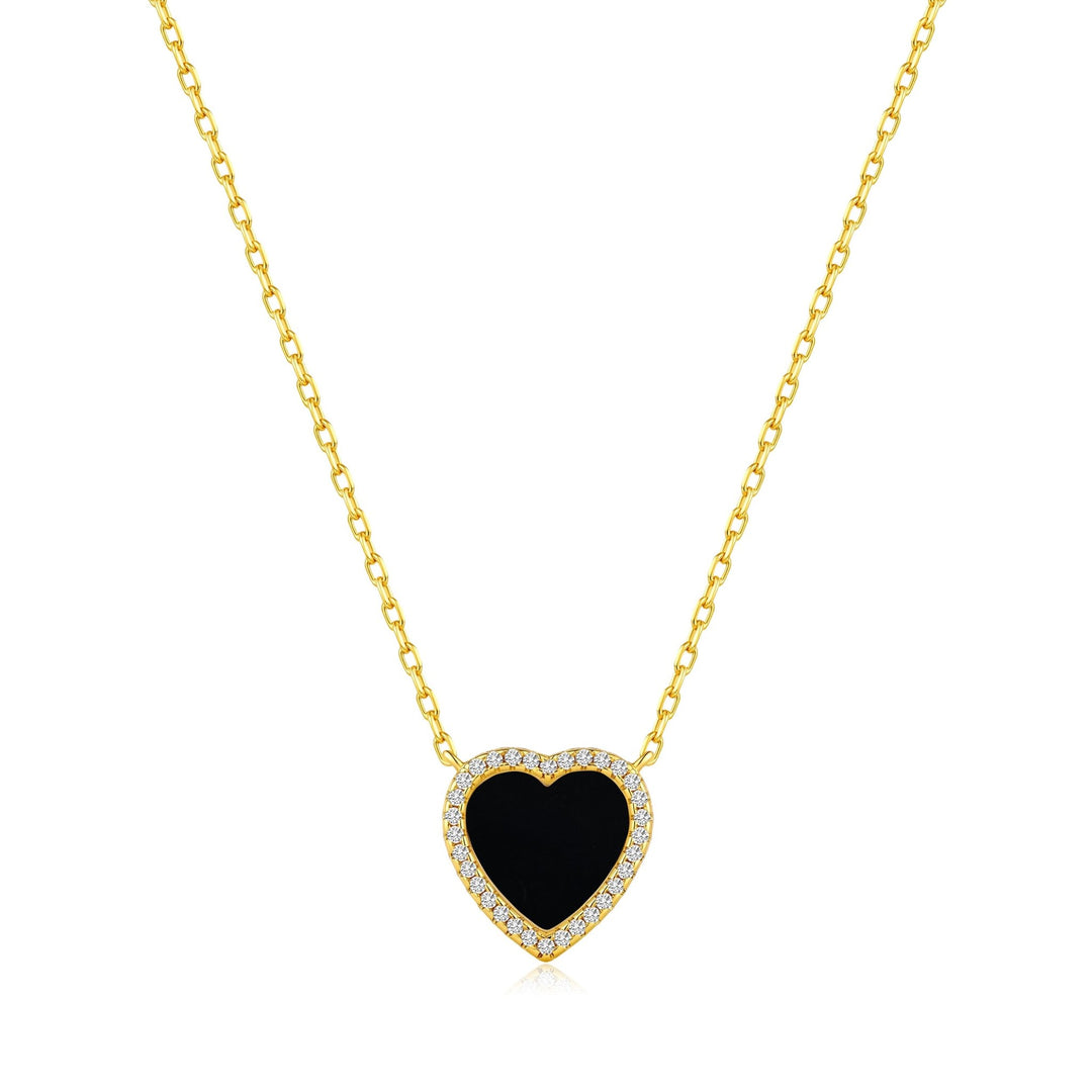 18k Gold Plated Black Onyx Gemstone Heart Necklace with Zircondia® Crystals