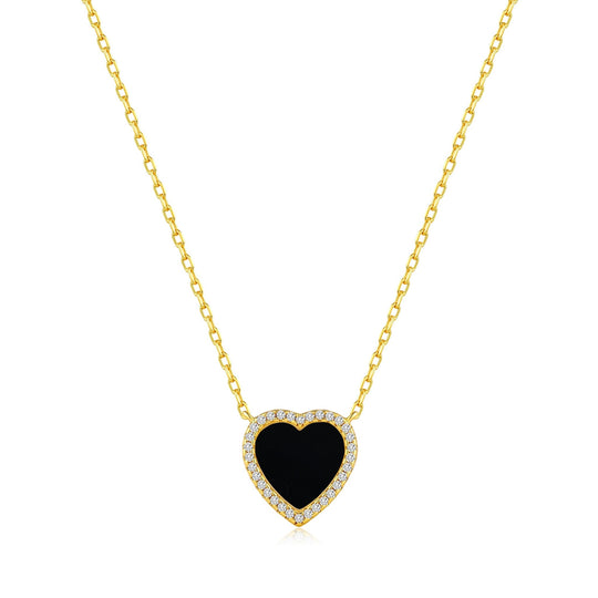 18k Gold Plated Black Onyx Gemstone Heart Necklace with Zircondia® Crystals