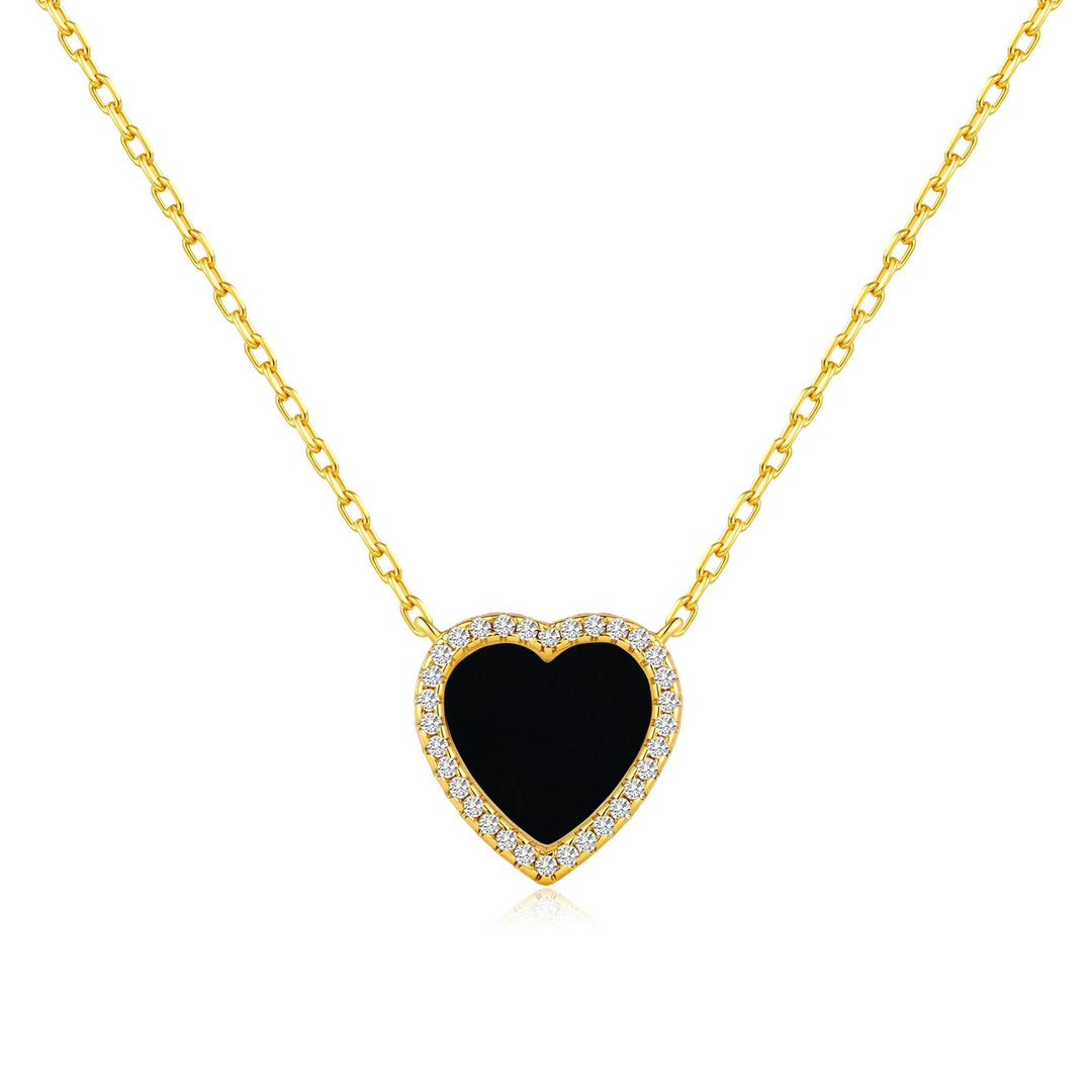 18k Gold Plated Black Onyx Gemstone Heart Necklace with Zircondia® Crystals - Philip Jones Jewellery