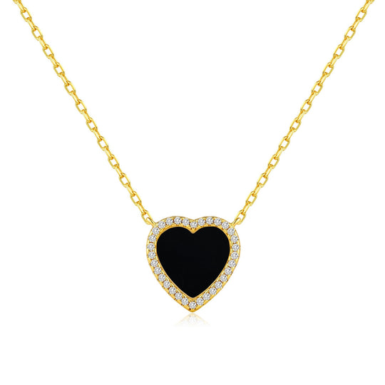 18k Gold Plated Black Onyx Gemstone Heart Necklace with Zircondia® Crystals - Philip Jones Jewellery