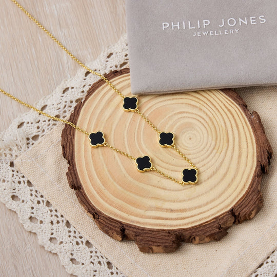 18k Gold Plated Black Onyx Gemstone Multi Clover Necklace - Philip Jones Jewellery