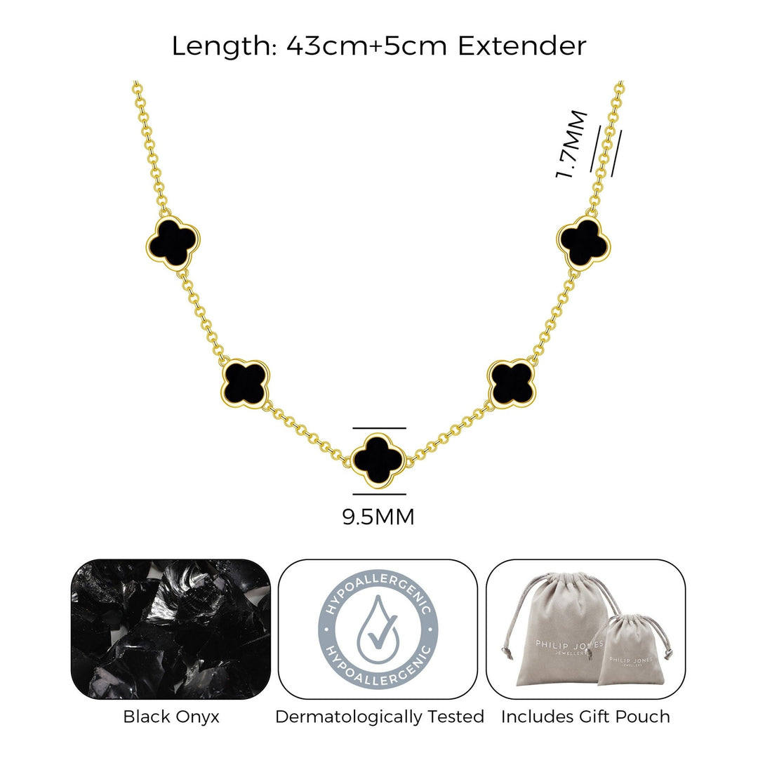 18k Gold Plated Black Onyx Gemstone Multi Clover Necklace - Philip Jones Jewellery