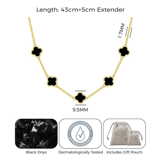 18k Gold Plated Black Onyx Gemstone Multi Clover Necklace - Philip Jones Jewellery