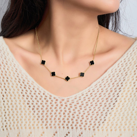 18k Gold Plated Black Onyx Gemstone Multi Clover Necklace - Philip Jones Jewellery